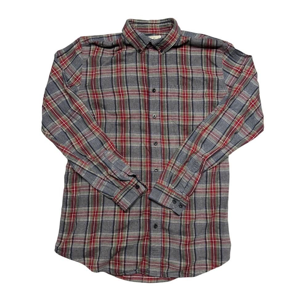 LL Bean Mens Large Tall Slightly Fitted Plaid Flannel Shirt Grey Red 298168